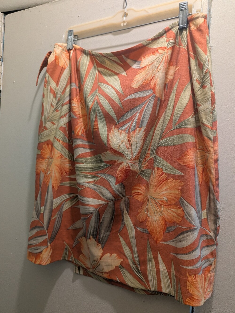 Tommy Bahama Vintage Silk Blend Terracotta Hawaiian Print Side Tie Wrap Skirt- L - Picture 9 of 12